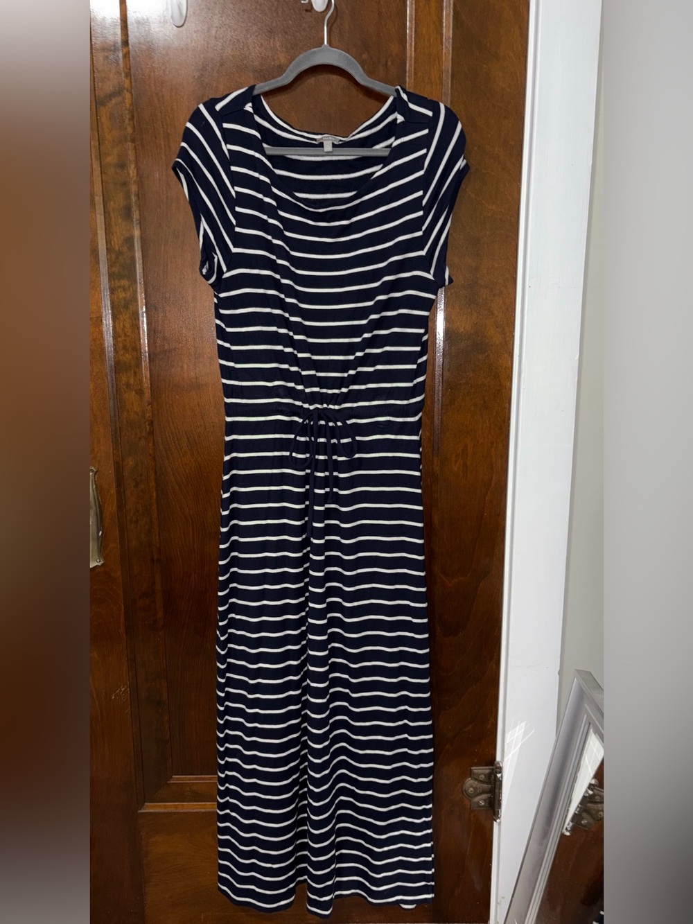 Talbots Navy and White Striped Drawstring-Waist Maxi Dress